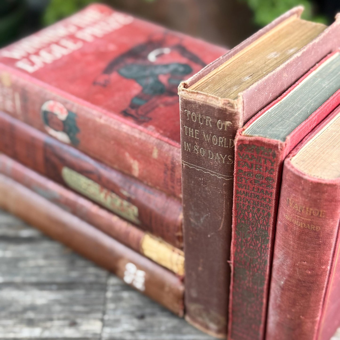 Red and Copper Antique Shabby Book Bundle for Shelf Styling - Pretty Old Books