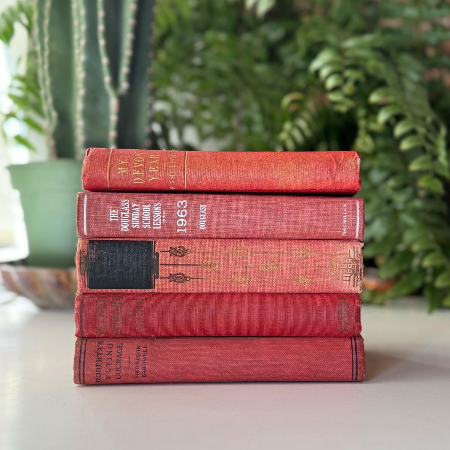 Red and Coral Pink Faded Vintage Books for Shelf Styling - Pretty Old Books