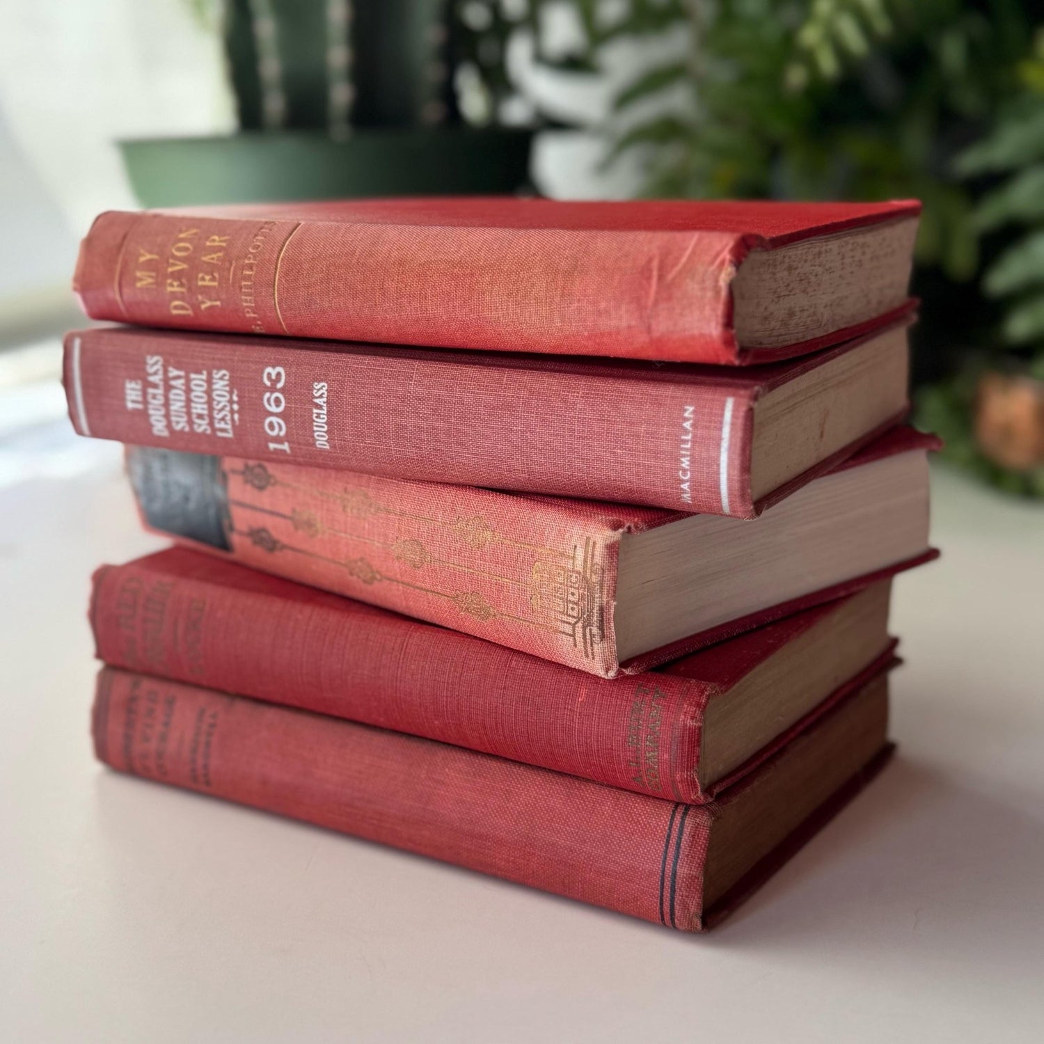 Red and Coral Pink Faded Vintage Books for Shelf Styling - Pretty Old Books