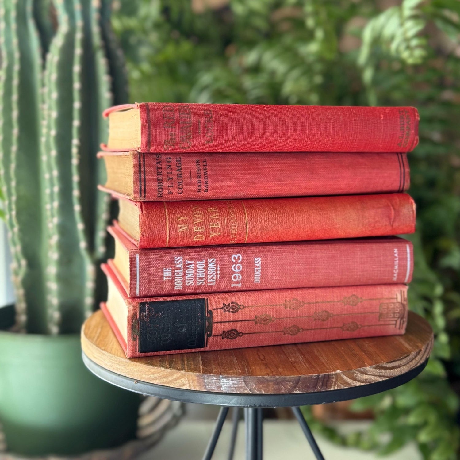 Red and Coral Pink Faded Vintage Books for Shelf Styling - Pretty Old Books