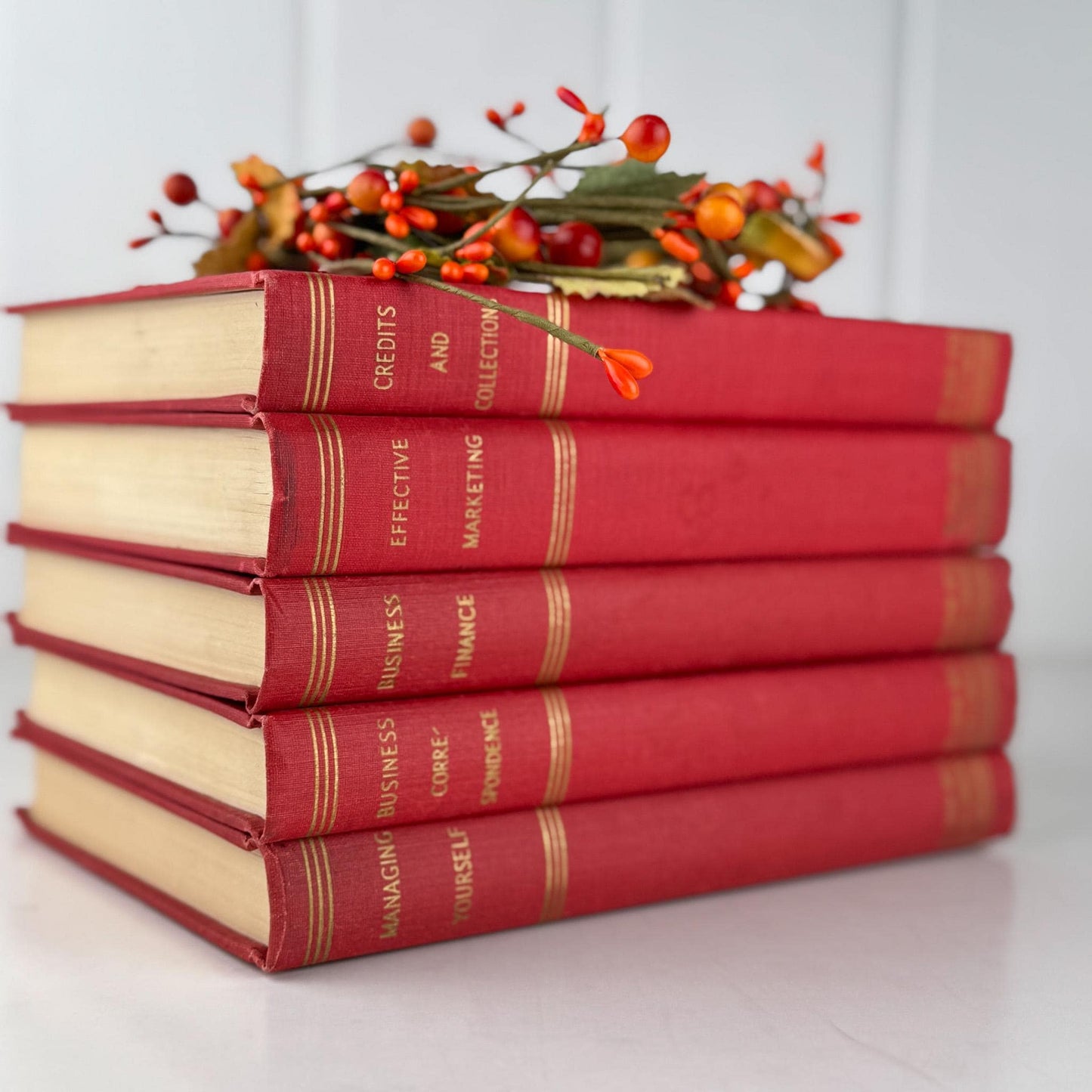 Red and Gold Book Bundle for Decor, 1930s Modern Business Mastery Book Set - Pretty Old Books