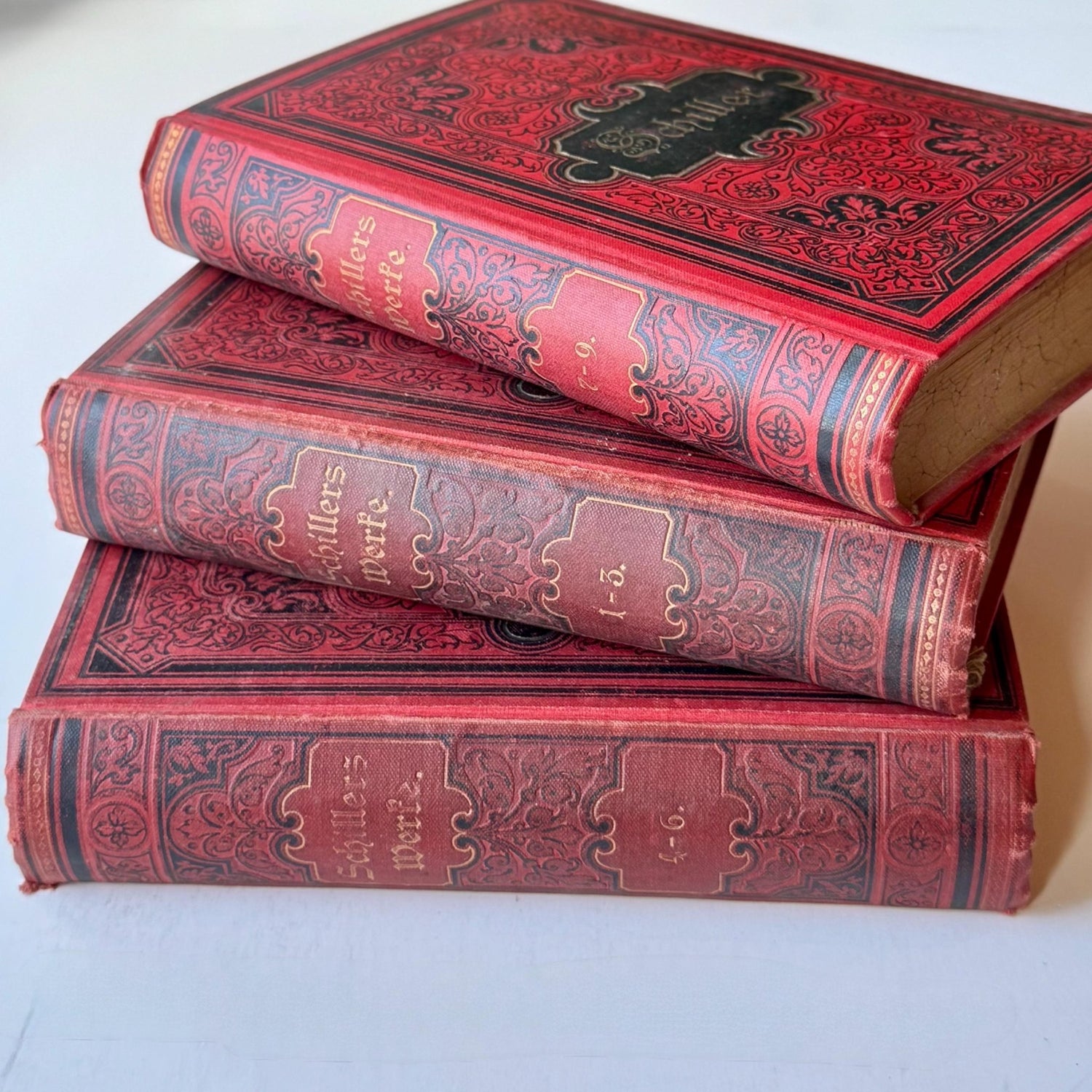 Red German Antique Books, Schiller's Works, 3 - Volume Set, Ornate Small Books - Pretty Old Books