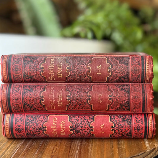 Red German Antique Books, Schiller's Works, 3 - Volume Set, Ornate Small Books - Pretty Old Books