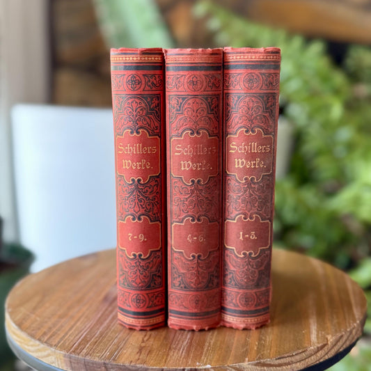 Red German Antique Books, Schiller's Works, 3 - Volume Set, Ornate Small Books - Pretty Old Books