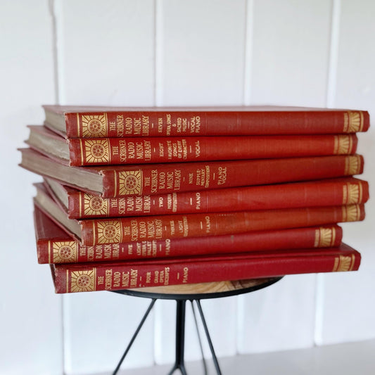 Red Mid - Century Book Set, The Scribner Radio Music Library, Music Books for Shelf Styling - Pretty Old Books