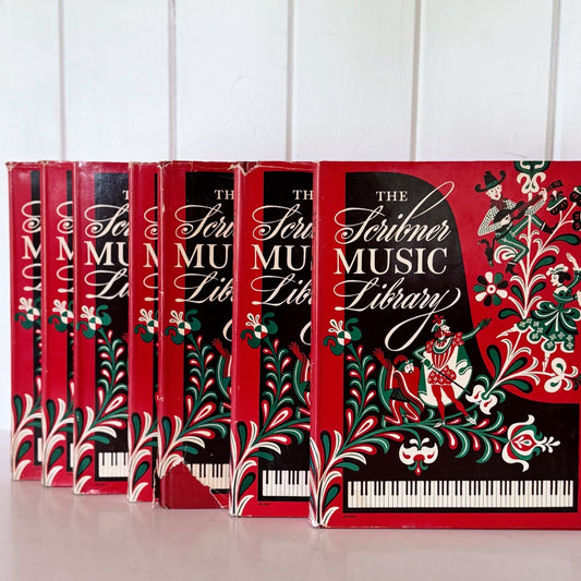 Red Mid - Century Book Set, The Scribner Radio Music Library, Music Books for Shelf Styling - Pretty Old Books