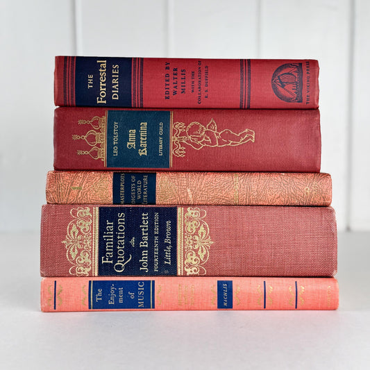 Red, Pink, and Blue Vintage Book Set for Ornate Shelf Styling - Pretty Old Books