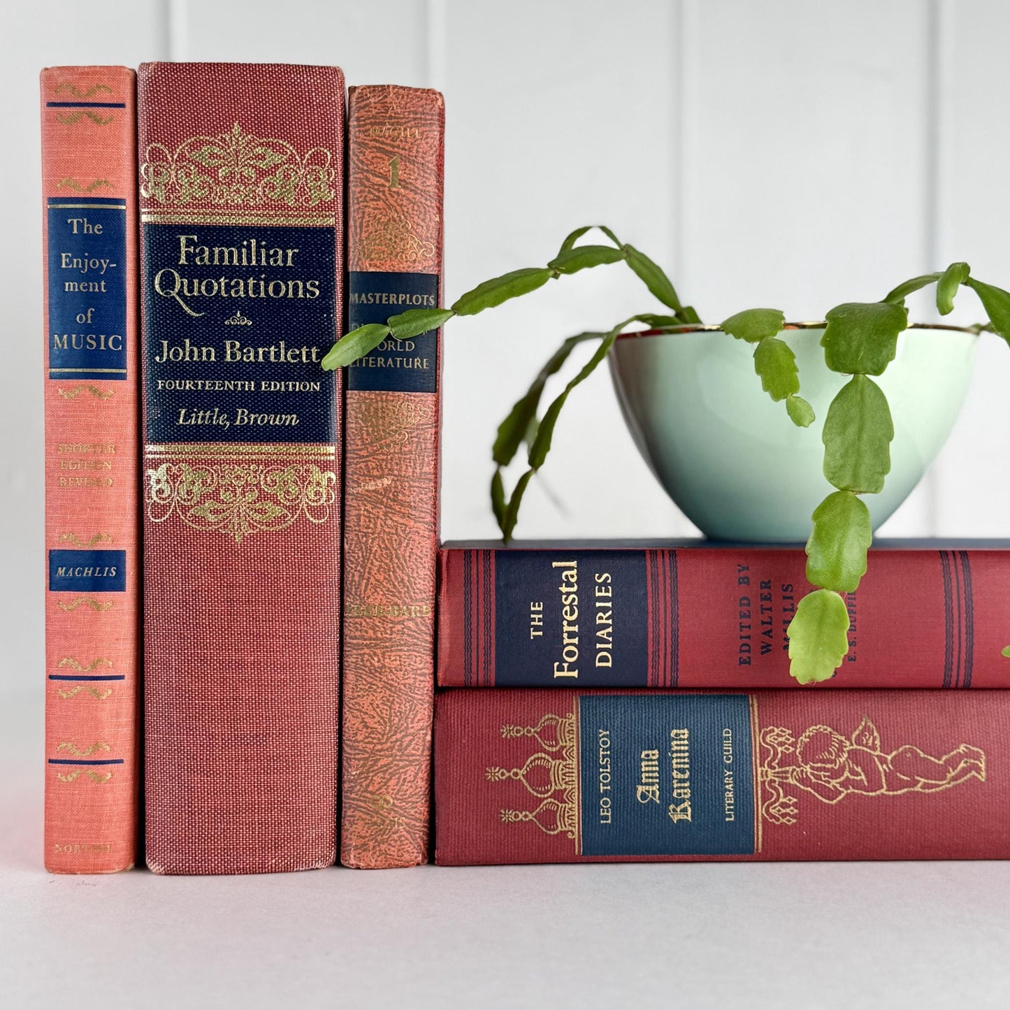 Red, Pink, and Blue Vintage Book Set for Ornate Shelf Styling - Pretty Old Books