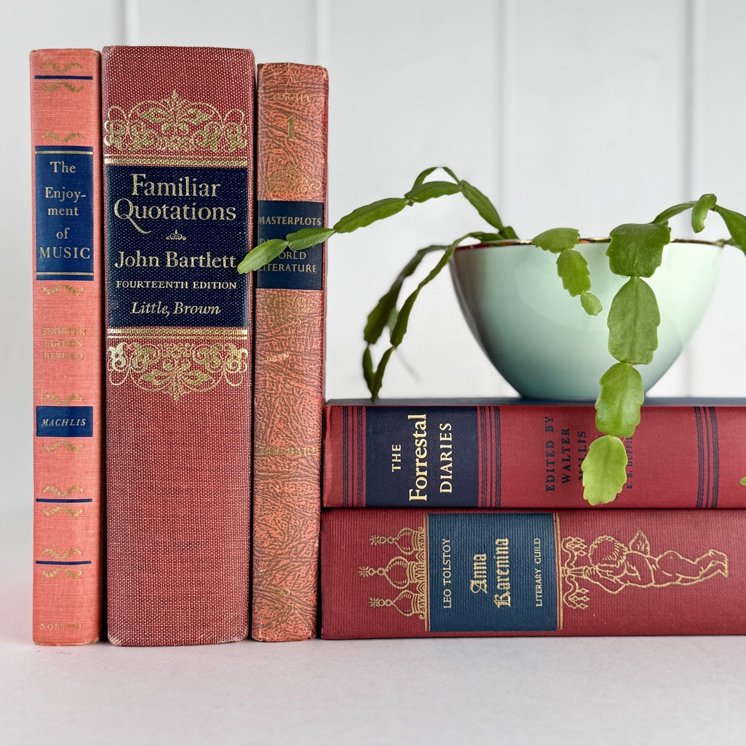 Red, Pink, and Blue Vintage Book Set for Ornate Shelf Styling - Pretty Old Books