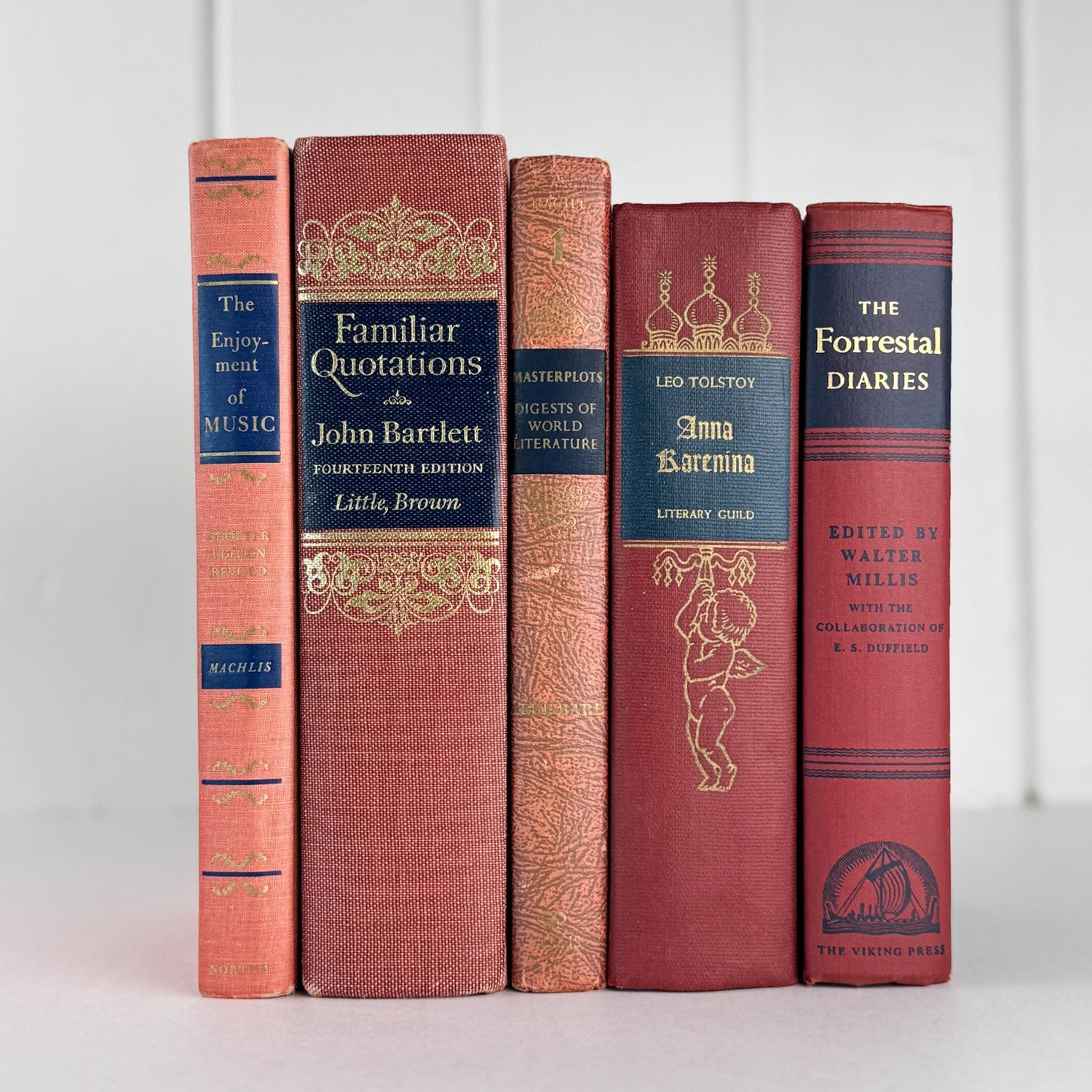 Red, Pink, and Blue Vintage Book Set for Ornate Shelf Styling - Pretty Old Books