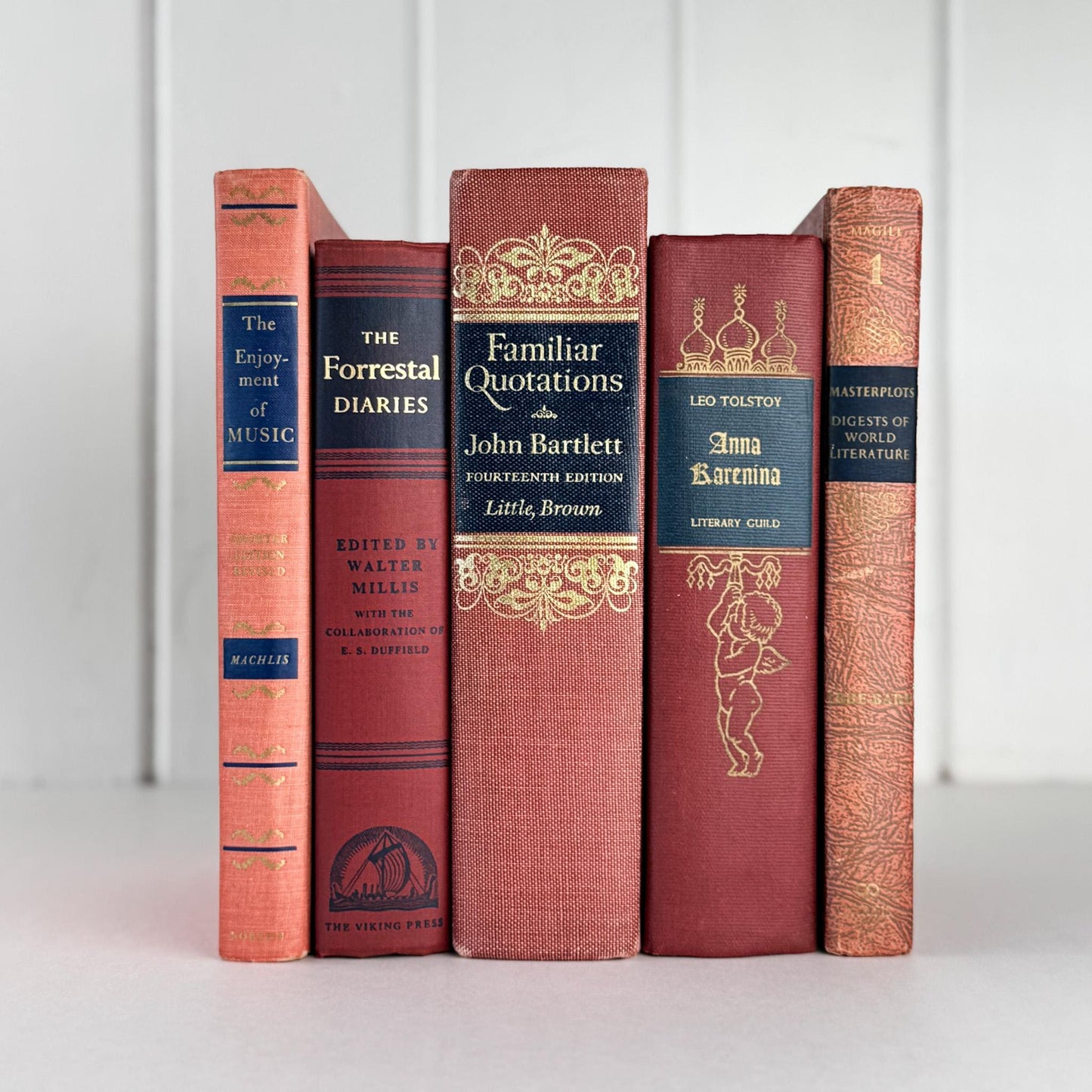 Red, Pink, and Blue Vintage Book Set for Ornate Shelf Styling - Pretty Old Books