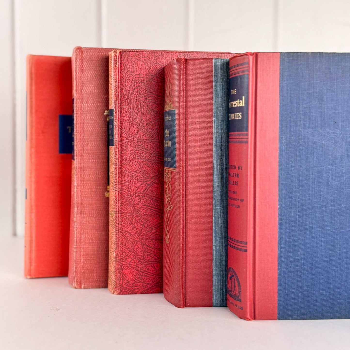 Red, Pink, and Blue Vintage Book Set for Ornate Shelf Styling - Pretty Old Books