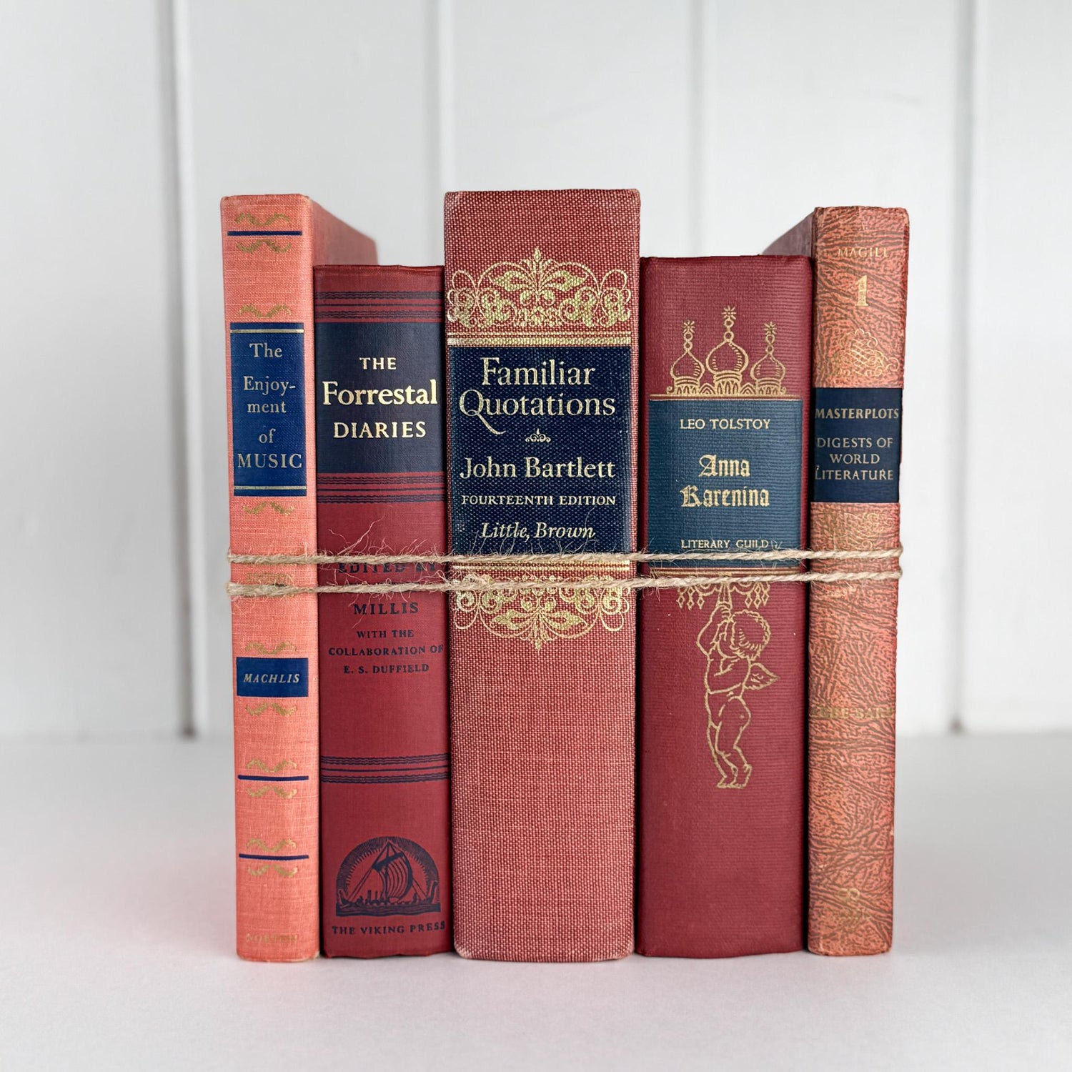 Red, Pink, and Blue Vintage Book Set for Ornate Shelf Styling - Pretty Old Books