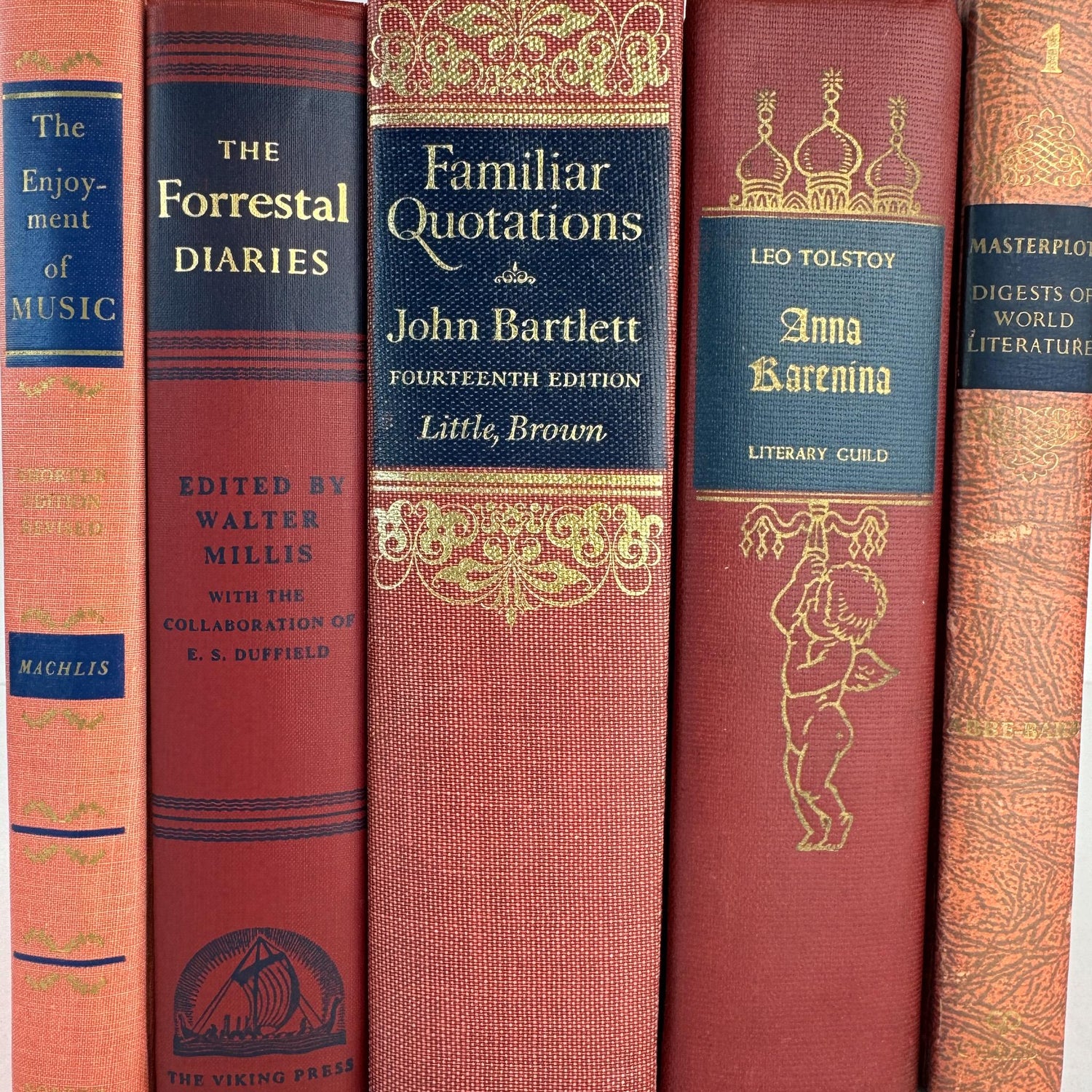 Red, Pink, and Blue Vintage Book Set for Ornate Shelf Styling - Pretty Old Books