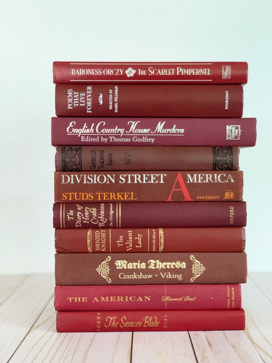 Red Vintage Books, One Foot of Books, Handmade Decor - Pretty Old Books