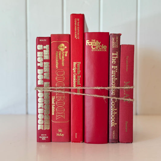 Red Vintage Cookbook Set - Decorative Books for Kitchen Decor - Pretty Old Books