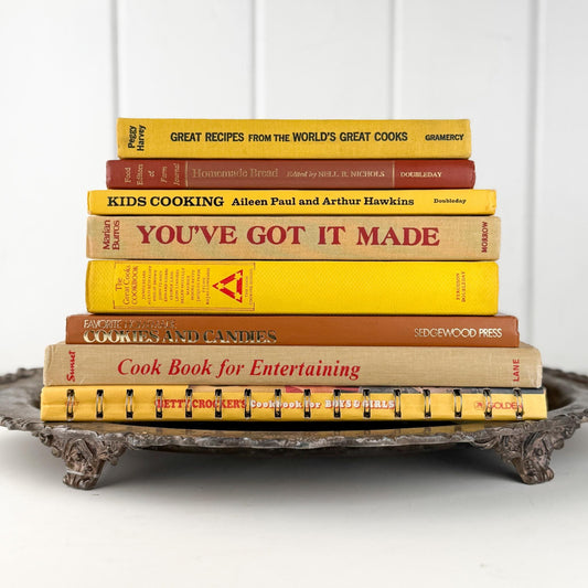Retro 1960s Kitchen Decor, Vintage Mustard Yellow, Orange, and Marigold Vintage Cookbook Set - Pretty Old Books