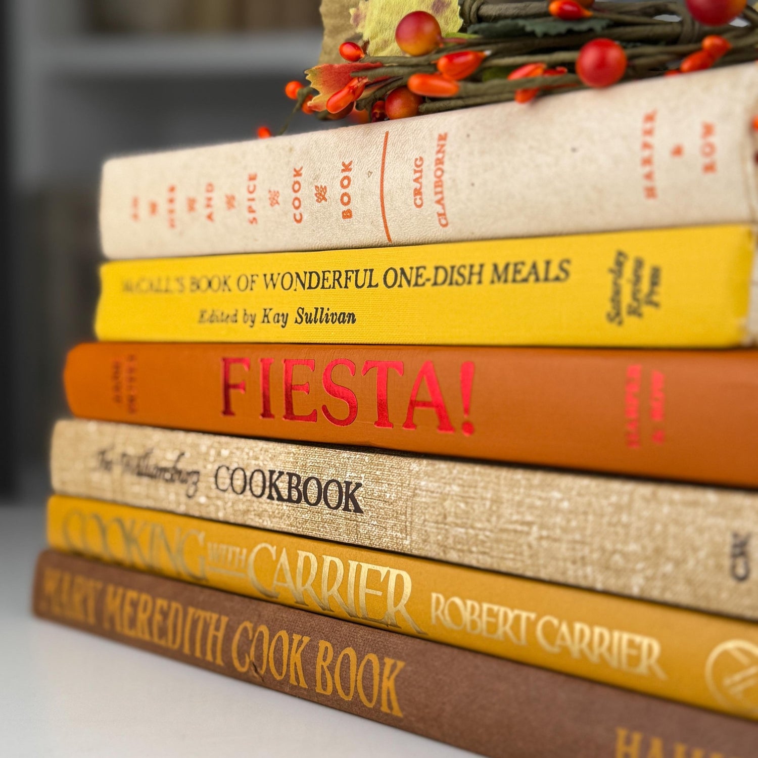 Retro 1960s Kitchen Decor, Vintage Mustard Yellow, Orange, and Marigold Vintage Cookbook Set - Pretty Old Books
