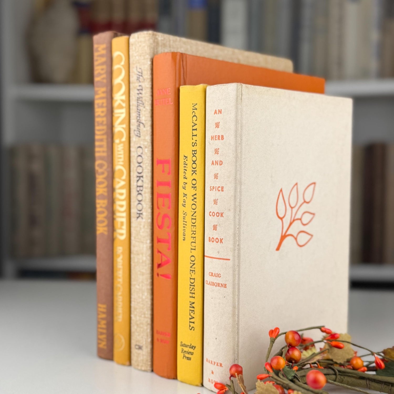 Retro 1960s Kitchen Decor, Vintage Mustard Yellow, Orange, and Marigold Vintage Cookbook Set - Pretty Old Books