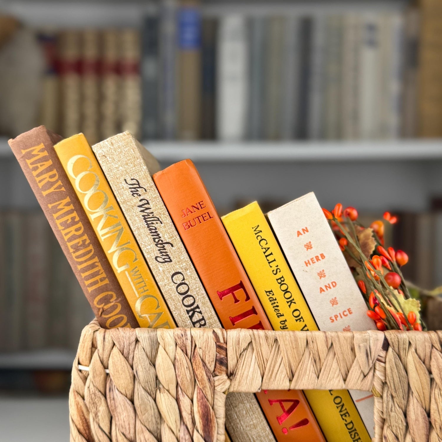 Retro 1960s Kitchen Decor, Vintage Mustard Yellow, Orange, and Marigold Vintage Cookbook Set - Pretty Old Books