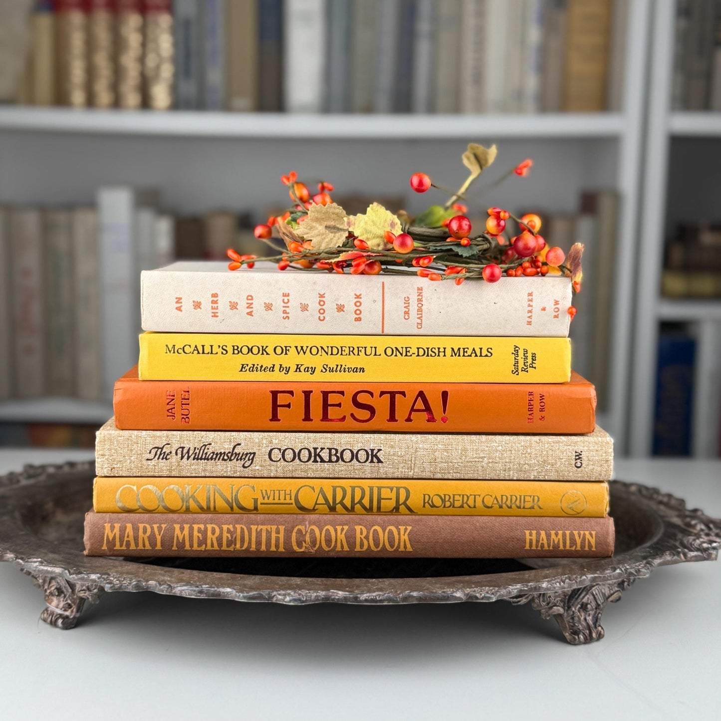 Retro 1960s Kitchen Decor, Vintage Mustard Yellow, Orange, and Marigold Vintage Cookbook Set - Pretty Old Books