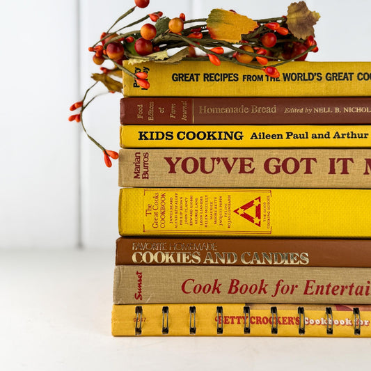 Retro 1960s Kitchen Decor, Vintage Mustard Yellow, Orange, and Marigold Vintage Cookbook Set - Pretty Old Books
