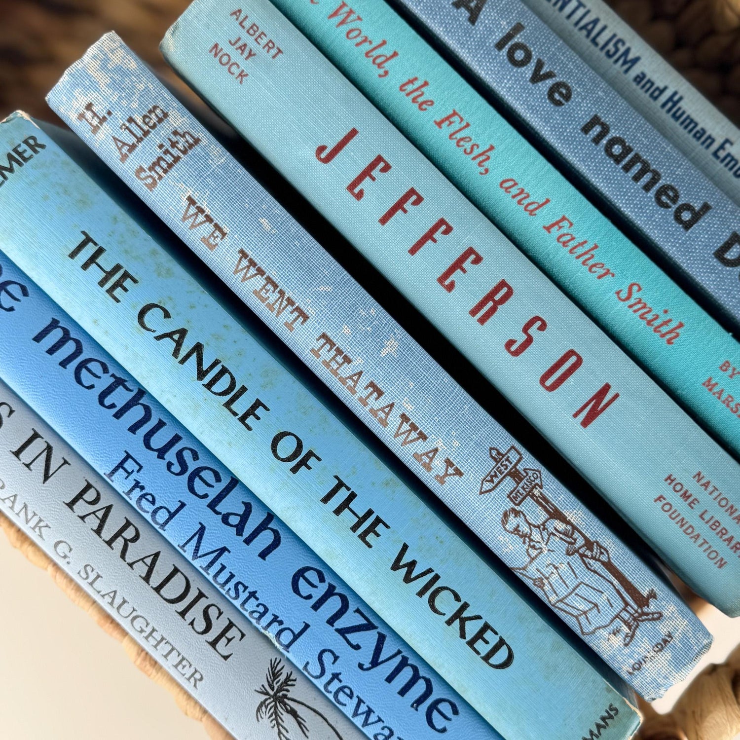 Retro Blue Decorative Book Bundle with Fun Lettering for Shelf Display - Pretty Old Books