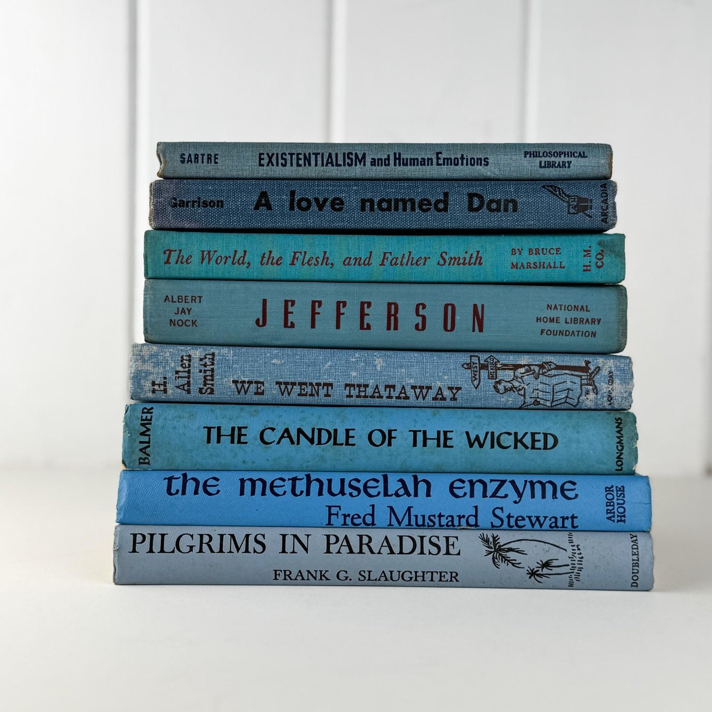 Retro Blue Decorative Book Bundle with Fun Lettering for Shelf Display - Pretty Old Books