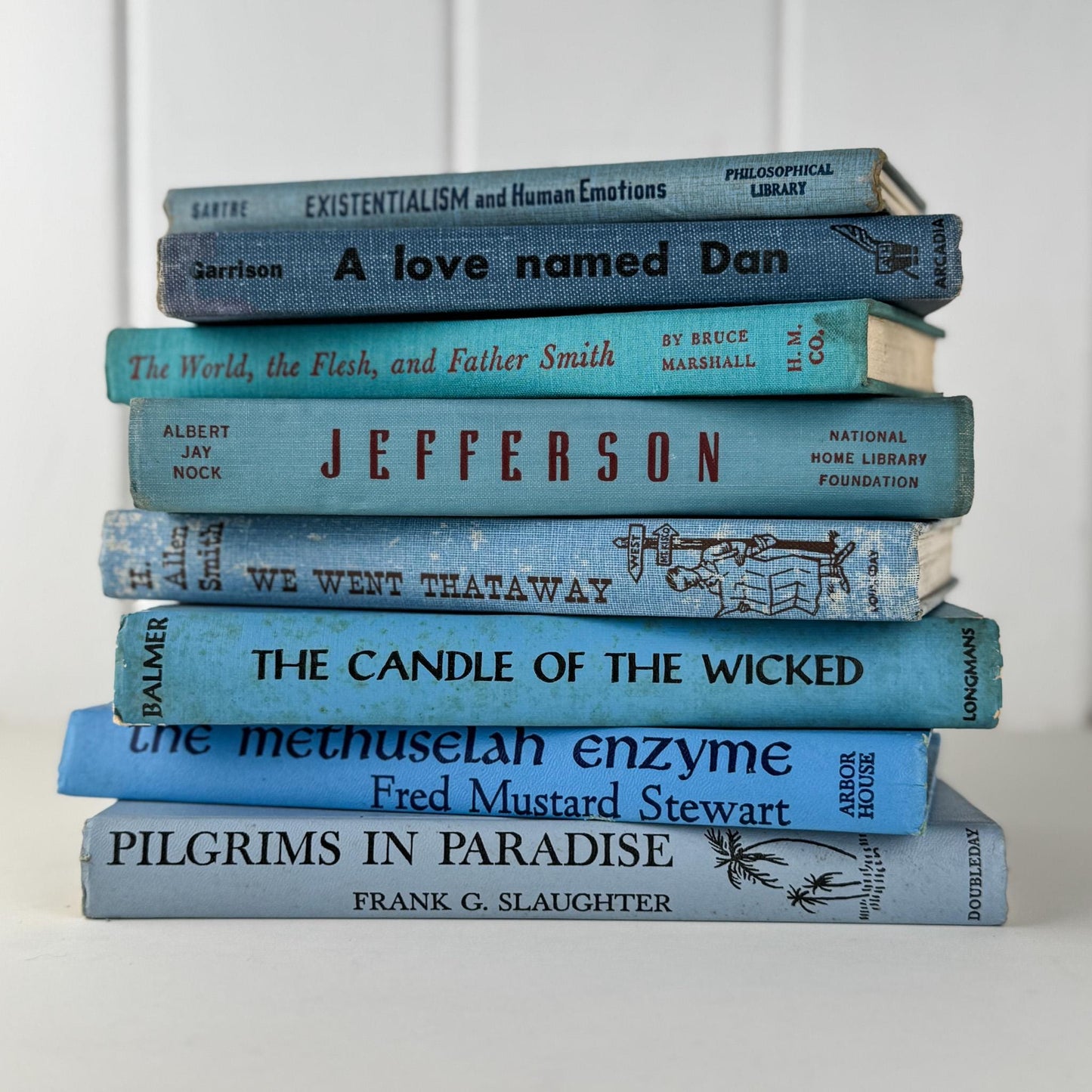 Retro Blue Decorative Book Bundle with Fun Lettering for Shelf Display - Pretty Old Books