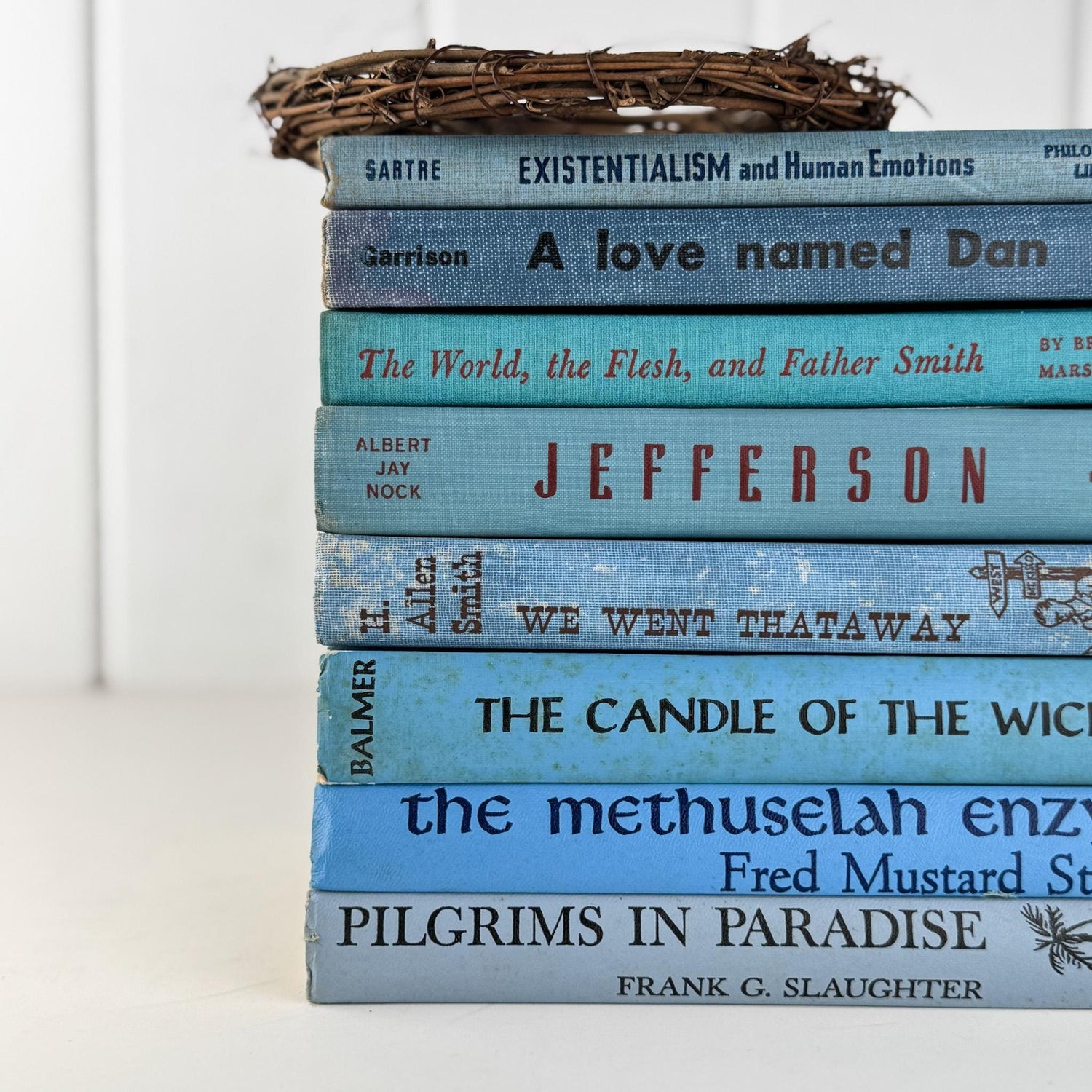 Retro Blue Decorative Book Bundle with Fun Lettering for Shelf Display - Pretty Old Books