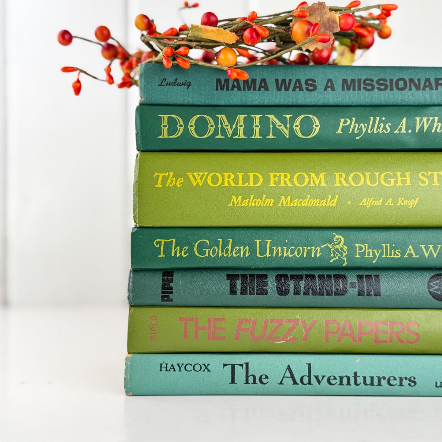 Retro Green Vintage Book Set of Mid - Century Modern Titles for Shelf Styling - Pretty Old Books