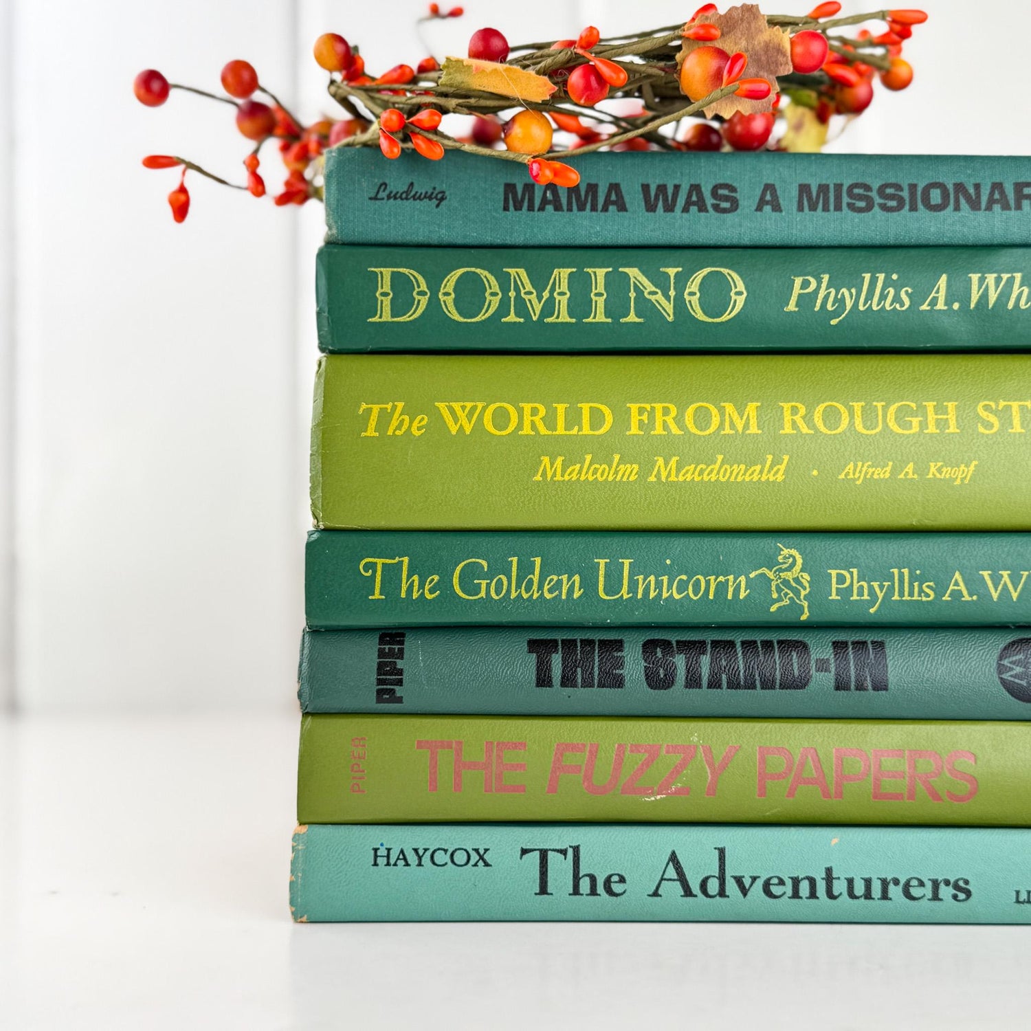 Retro Green Vintage Book Set of Mid - Century Modern Titles for Shelf Styling - Pretty Old Books