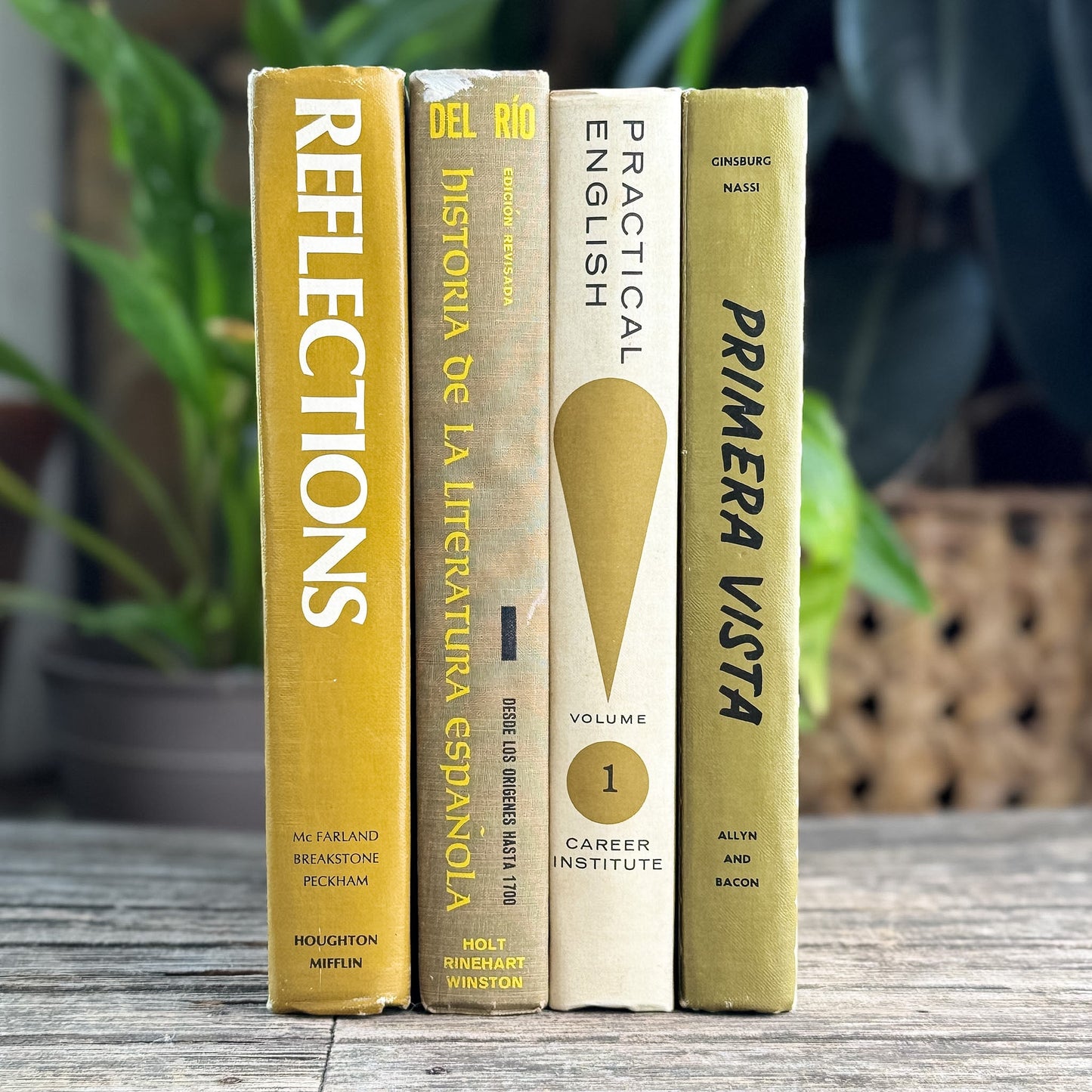 Retro School Book Set in Avocado Green, Mustard, Gold - Pretty Old Books