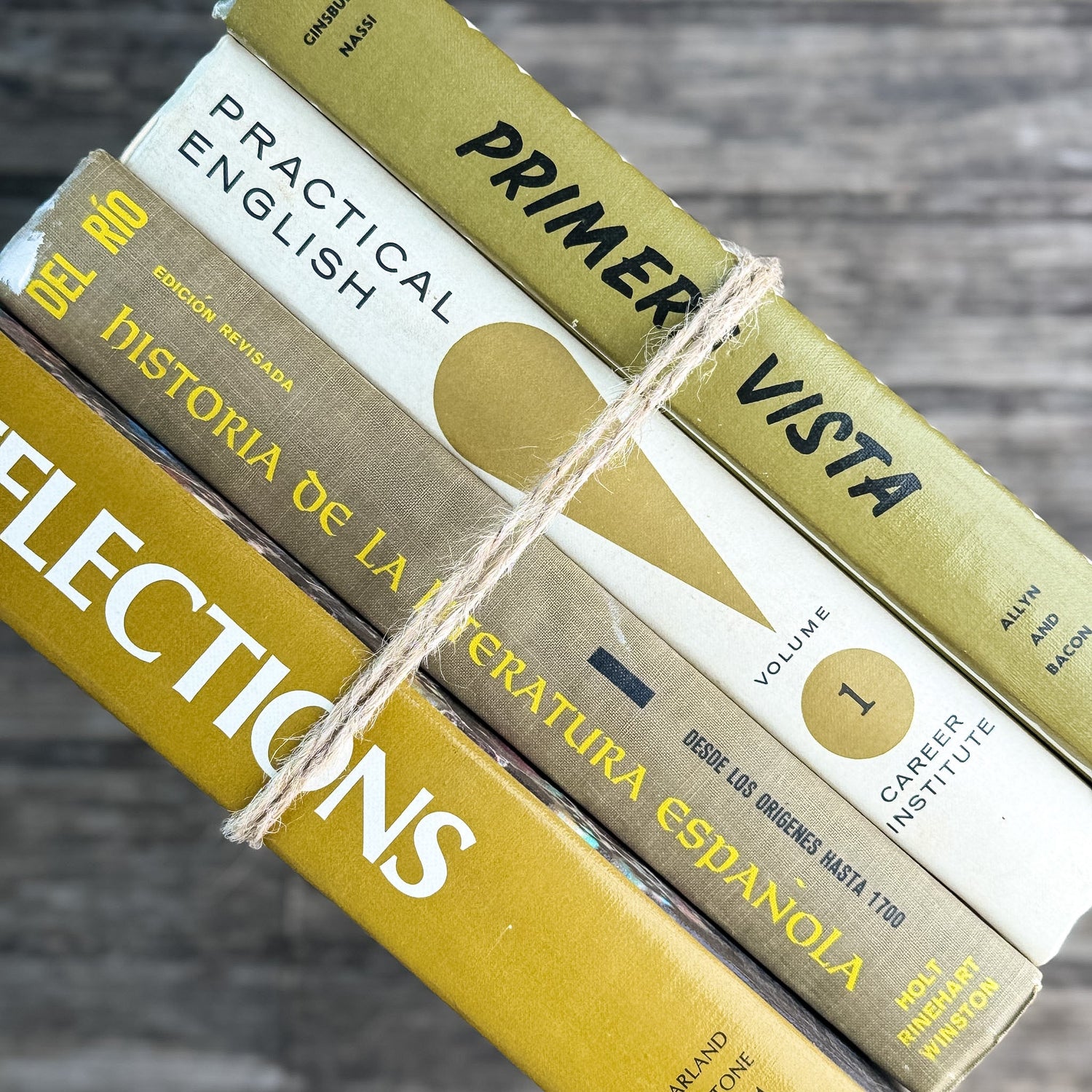 Retro School Book Set in Avocado Green, Mustard, Gold - Pretty Old Books