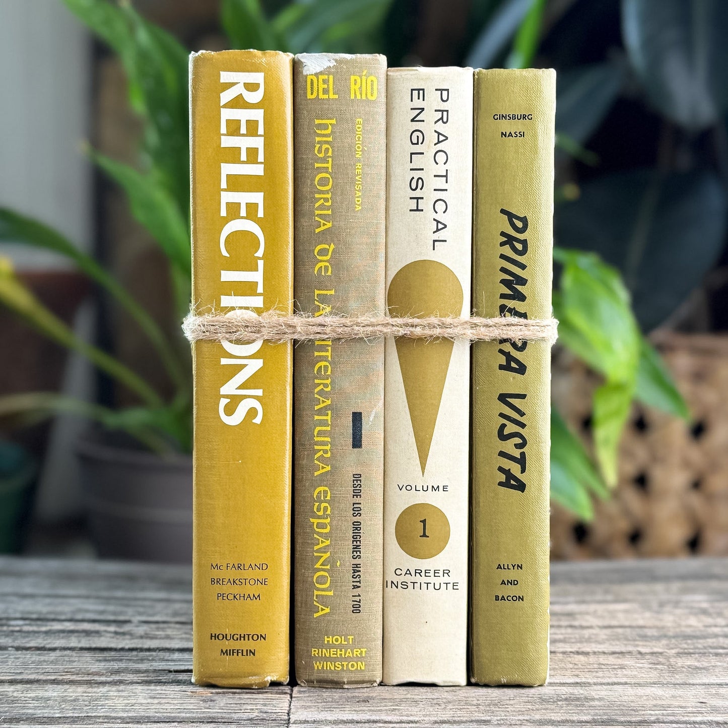 Retro School Book Set in Avocado Green, Mustard, Gold - Pretty Old Books