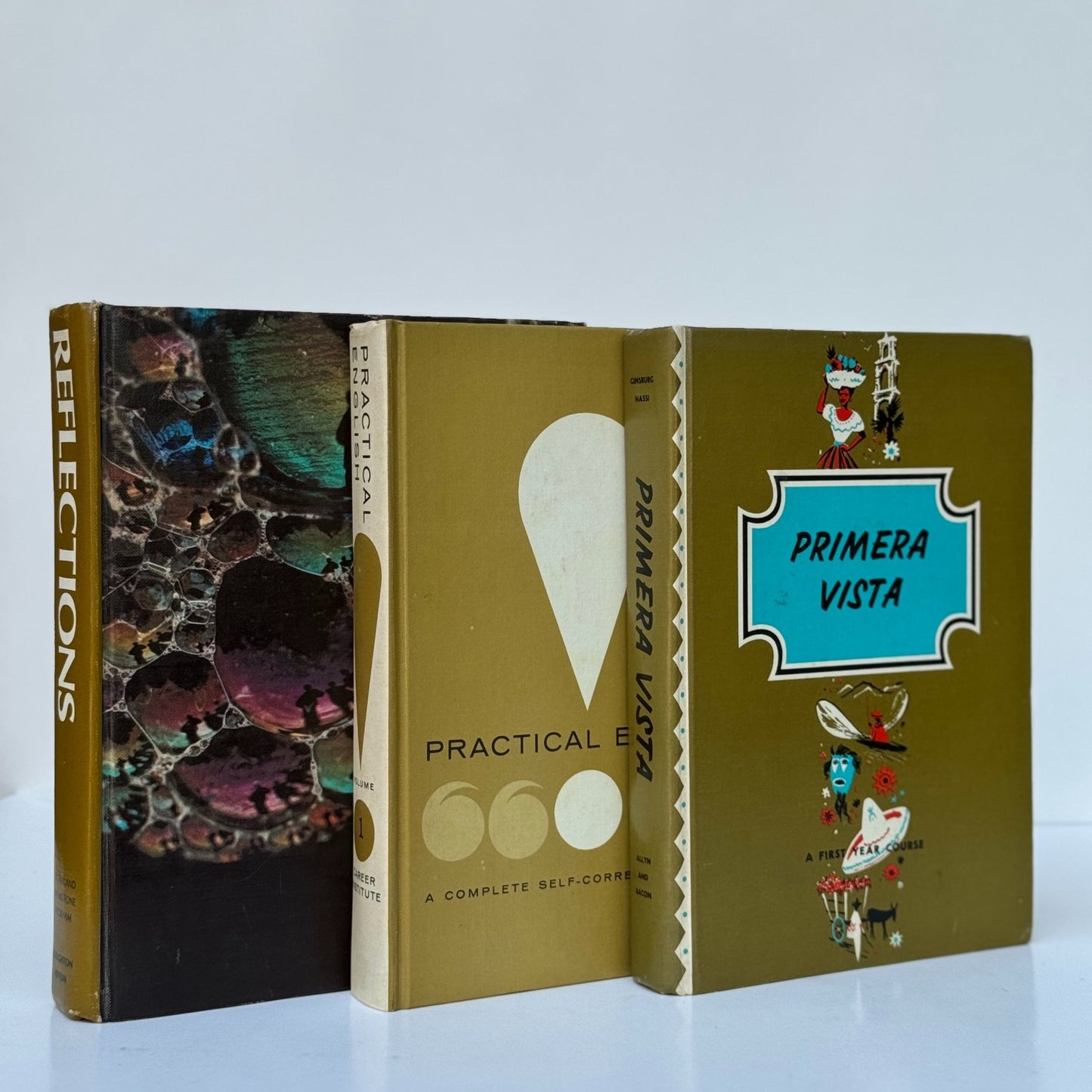 Retro School Book Set in Avocado Green, Mustard, Gold - Pretty Old Books