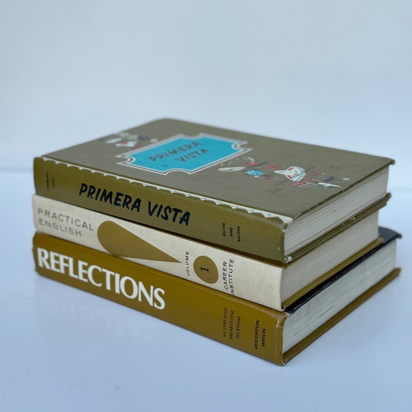 Retro School Book Set in Avocado Green, Mustard, Gold - Pretty Old Books