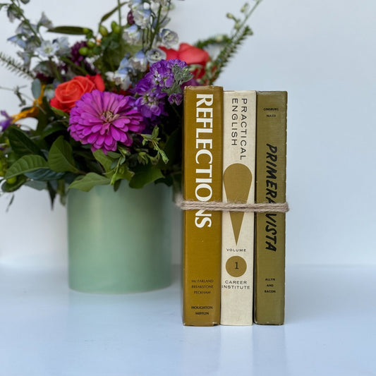 Retro School Book Set in Avocado Green, Mustard, Gold - Pretty Old Books