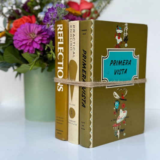 Retro School Book Set in Avocado Green, Mustard, Gold - Pretty Old Books