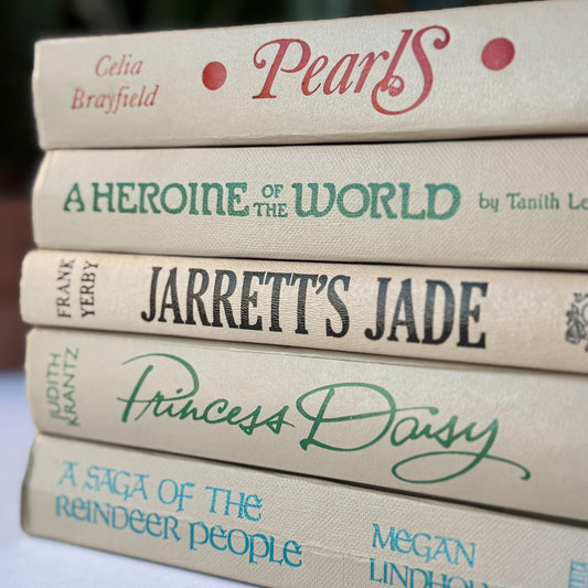 Retro Taupe Decorative Books With Colorful Lettering for 1970s Style - Pretty Old Books