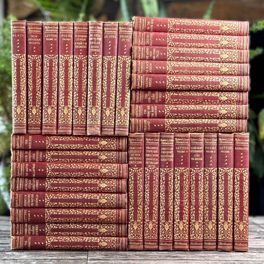 Robert Louis Stevenson Book Set, 1925 Red and Gold South Seas Edition, 32 Volumes - Pretty Old Books
