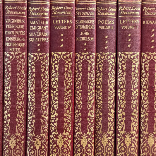 Robert Louis Stevenson Book Set, 1925 Red and Gold South Seas Edition, 32 Volumes - Pretty Old Books