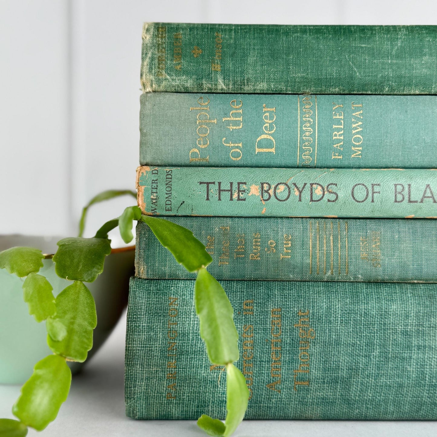 Rustic Teal and Moss Green Vintage Decorative Book Bundle for Shelf Styling - Pretty Old Books