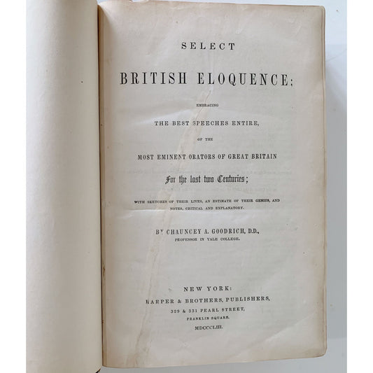 Select British Eloquence, Edmund Burke, Walpole, Lord Erskine, 1853 Hardcover - Pretty Old Books