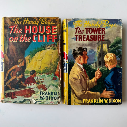 Set of 2 Hardy Boys Books, 1927, Tower Treasure and House on the Cliff, Dust Jackets - Pretty Old Books