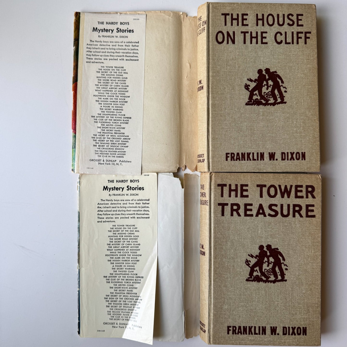 Set of 2 Hardy Boys Books, 1927, Tower Treasure and House on the Cliff, Dust Jackets - Pretty Old Books