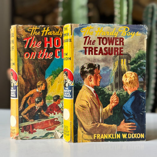 Set of 2 Hardy Boys Books, 1927, Tower Treasure and House on the Cliff, Dust Jackets - Pretty Old Books