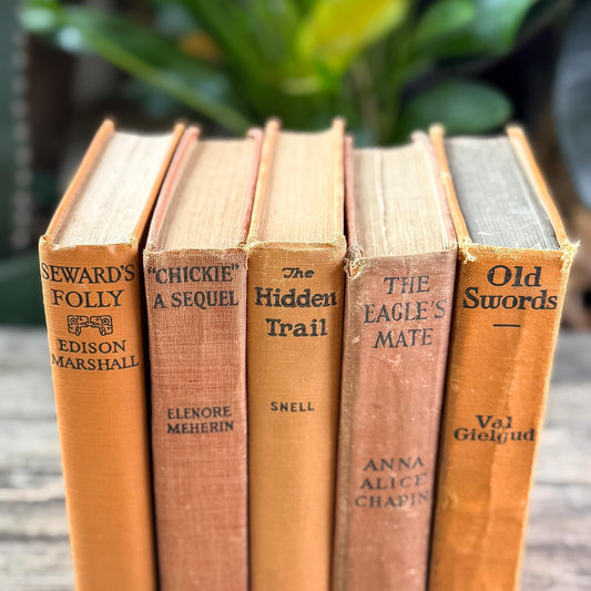 Set of 5 Antique Novels in Orange & Copper, Early 1900s Fiction - Pretty Old Books
