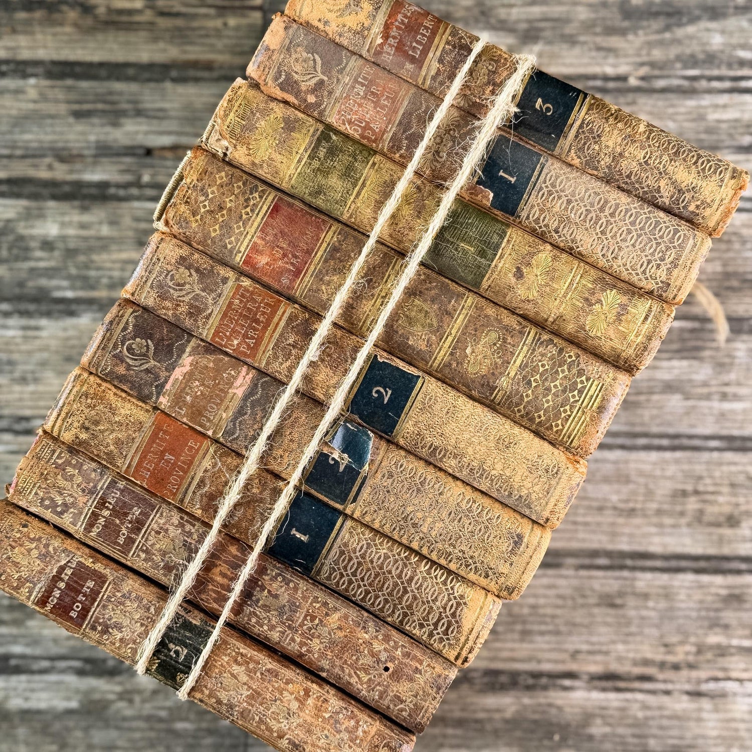 Set of 9 Shabby Antique French Leather Books in Smaller Sizes - Pretty Old Books