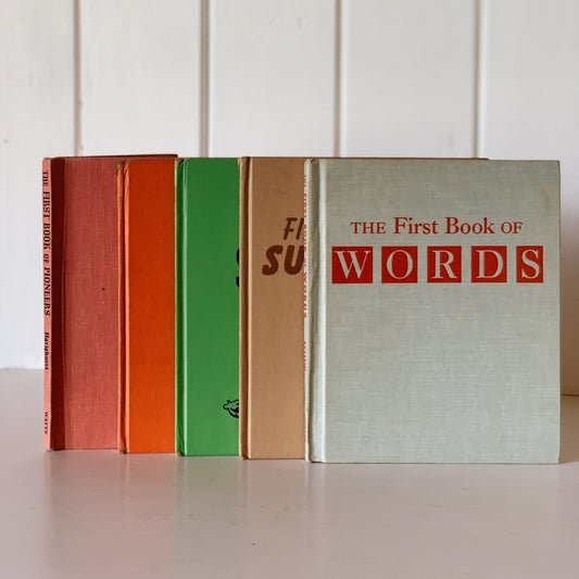 Set of Five: The First Book of Pioneers, Atlas, Submarines, Words, Surprising Facts - Pretty Old Books